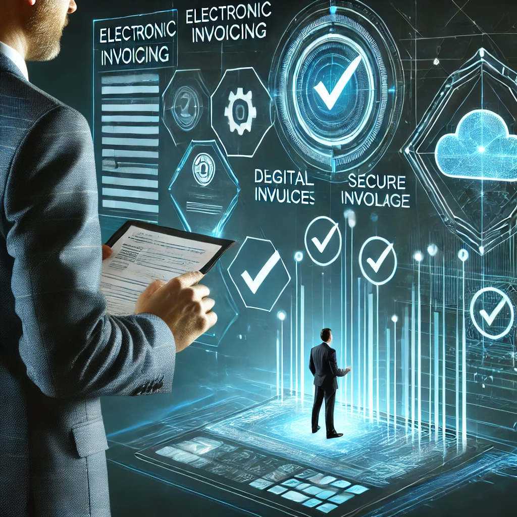 Verifactu y factura electrónica 15 DALL·E 2025 03 13 08.38.07 A professional digital illustration representing an electronic invoicing system for a tech consulting firm. The image features a futuristic interface Verifactu y factura electrónica